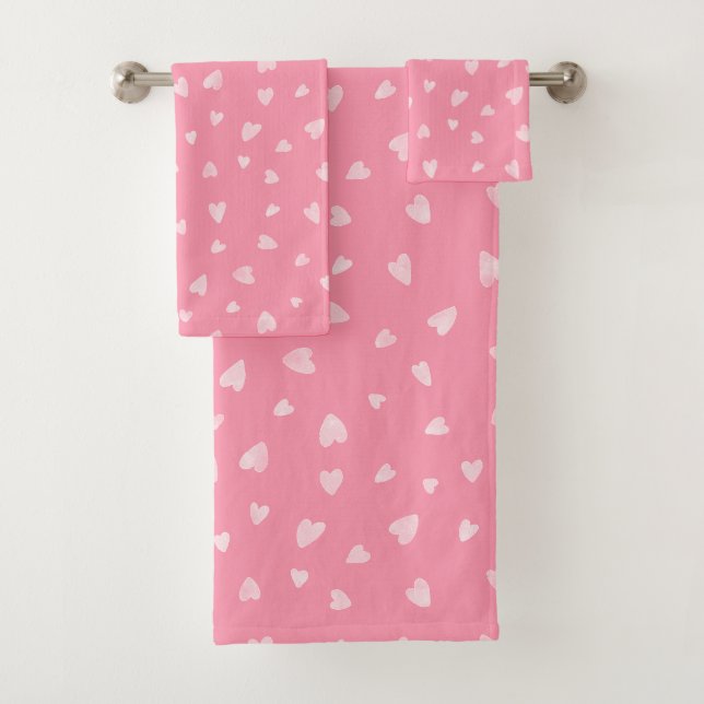 Watercolor hearts in medium pink bath towel set (Insitu)