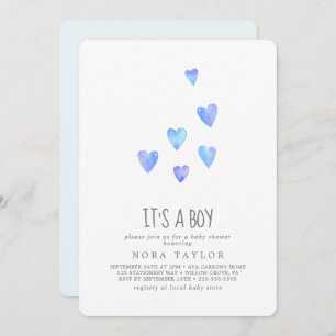 Watercolor Hearts It's A Boy Baby Shower Invitation