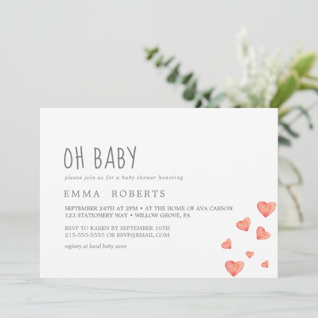 Watercolor Hearts | Oh Baby Girl Shower Invitation (Standing Front)
