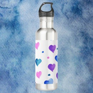 Watercolor Hearts Pattern in Pink Purple Blue 710 Ml Water Bottle