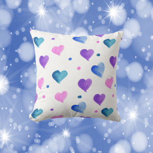Watercolor Hearts Pattern Pink Blue Purple Cushion