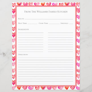 Watercolor Hearts Pink White Recipe Paper Sheet