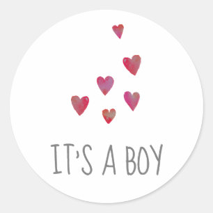 Watercolor Hearts   Red It's A Boy Baby Shower Classic Round Sticker