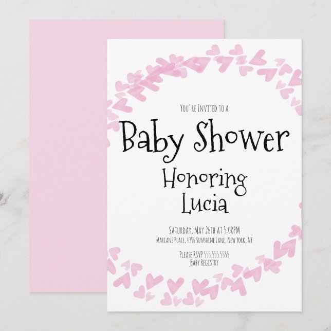 Watercolor Hearts Stamp Wreath Baby Shower  Invitation (Front/Back)