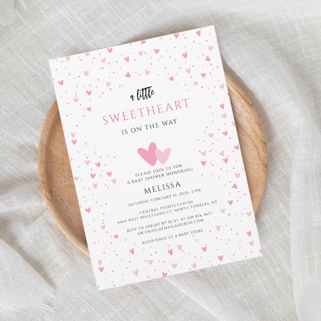 Watercolor Hearts Sweetheart Girl Baby Shower Invitation (Pink Hearts Girl Baby Shower Invitation)