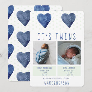 Watercolor Hearts Twins Boys Announcement