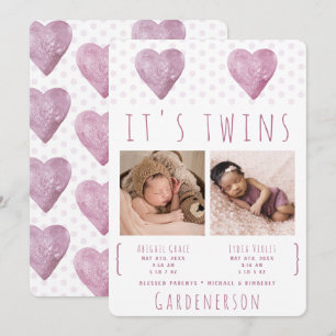 Watercolor Hearts Twins Girl Announcement