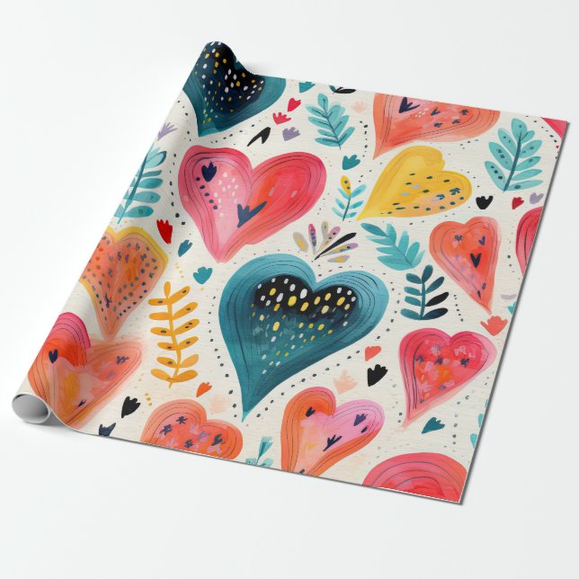 Watercolor Hearts Valentine Wrapping Paper (Unrolled)