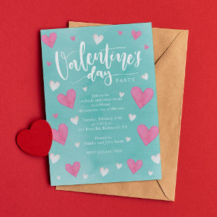 Watercolor Hearts Valentines Day Party Invitation