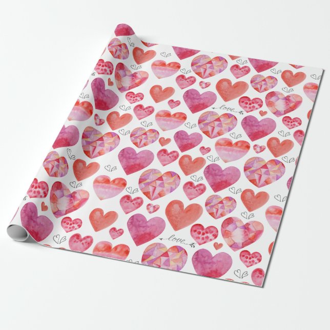Watercolor Hearts Wrapping Paper (Unrolled)