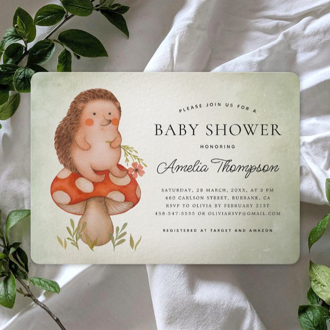 Watercolor Hedgehog And Mushroom Green Baby Shower Invitation (Creator Uploaded)