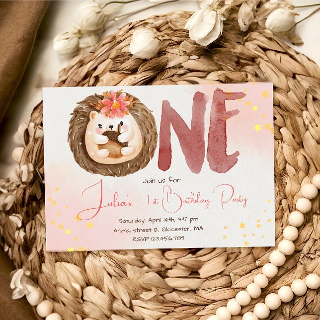 Watercolor hedgehog first Birthday Invitation (Creator Uploaded)