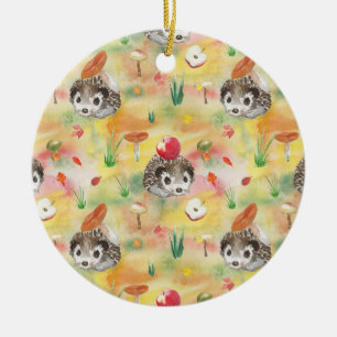 Watercolor hedgehog with mushrooms and apple ceramic ornament
