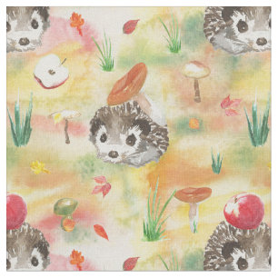 Watercolor hedgehog with mushrooms and apple fabric