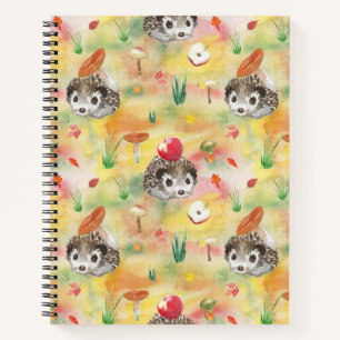 Watercolor hedgehog with mushrooms and apple notebook