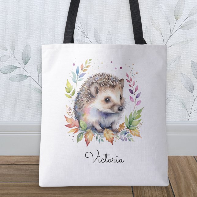 Watercolor Hedgehog Woodland Animal Personalized Tote Bag (A personalized tote bag with illustration of a cute hedgehog and leaves, in a watercolor style)