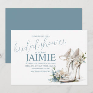 Watercolor Heel Floral Bridal Shower Dusty Blue Invitation