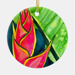 Watercolor heliconia tropical flower ceramic ornament