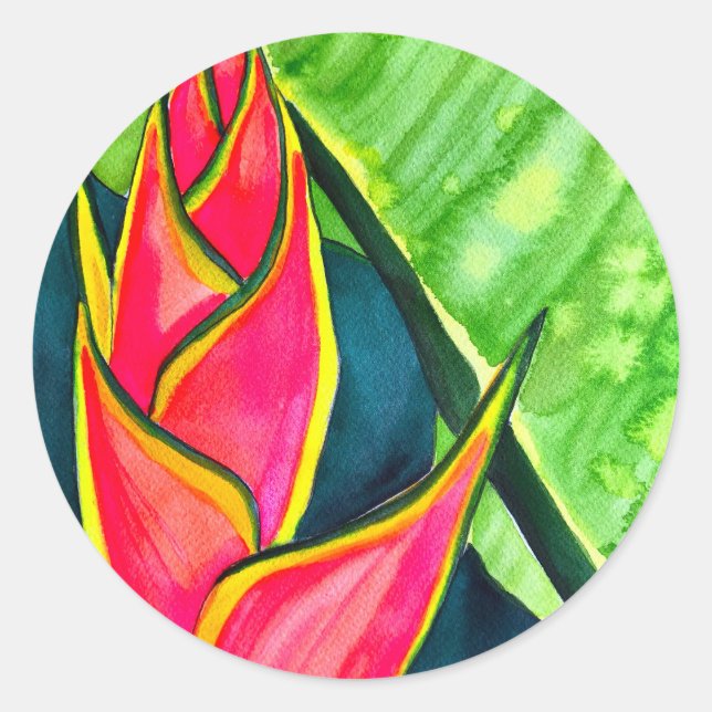 Watercolor heliconia tropical flower classic round sticker (Front)