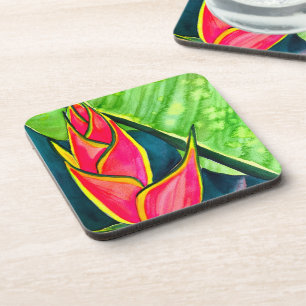 Watercolor heliconia tropical flower coaster