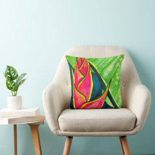 Watercolor heliconia tropical flower cushion