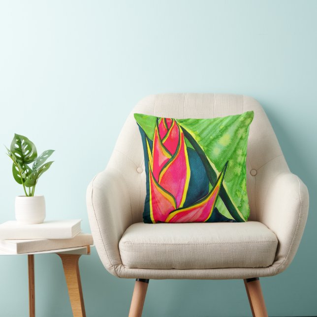Watercolor heliconia tropical flower cushion (Chair)