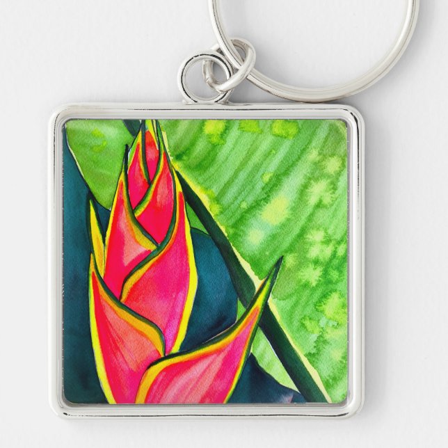 Watercolor heliconia tropical flower key ring (Front)