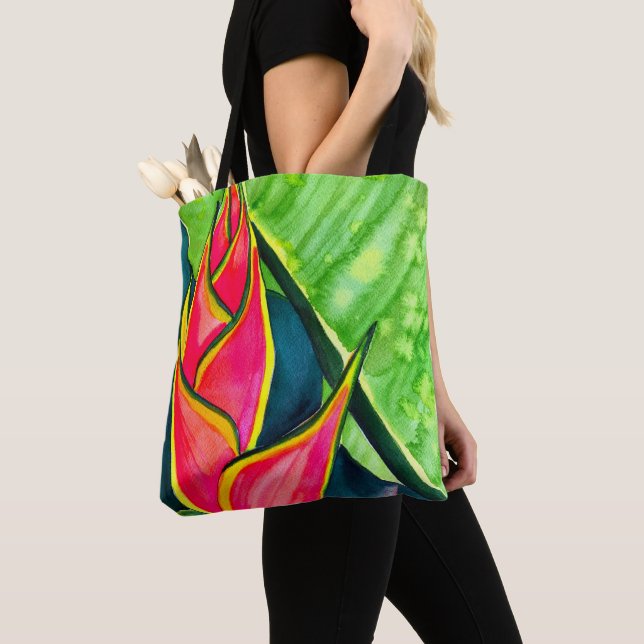 Watercolor heliconia tropical flower tote bag (Close Up)