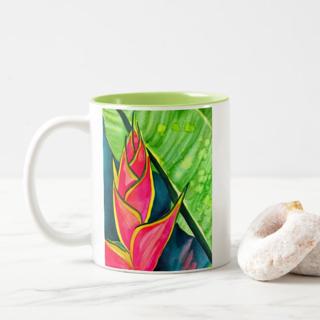 Watercolor heliconia tropical flower Two-Tone coffee mug (With Donut)