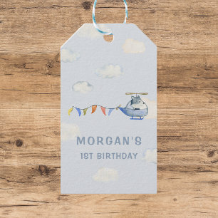 Watercolor Helicopter Blue First Birthday Favour Gift Tags
