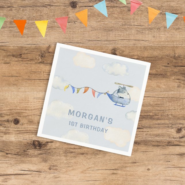 Watercolor Helicopter Cute Wolf First Birthday Napkin (Creator Uploaded)