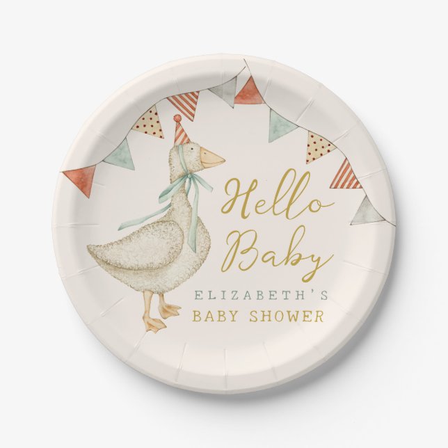 Watercolor Hello Baby Duck. Toys Baby Shower  Paper Plate (Front)
