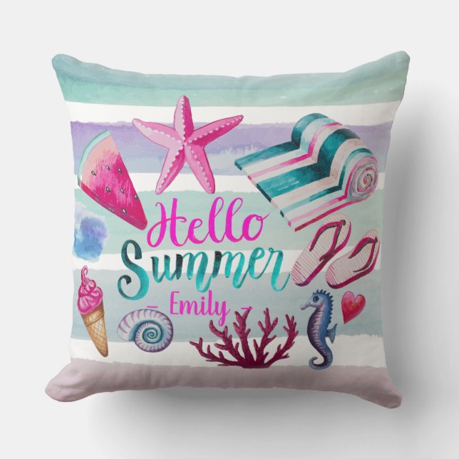 Watercolor Hello Summer Monogram Beach Stripes Cushion (Front)