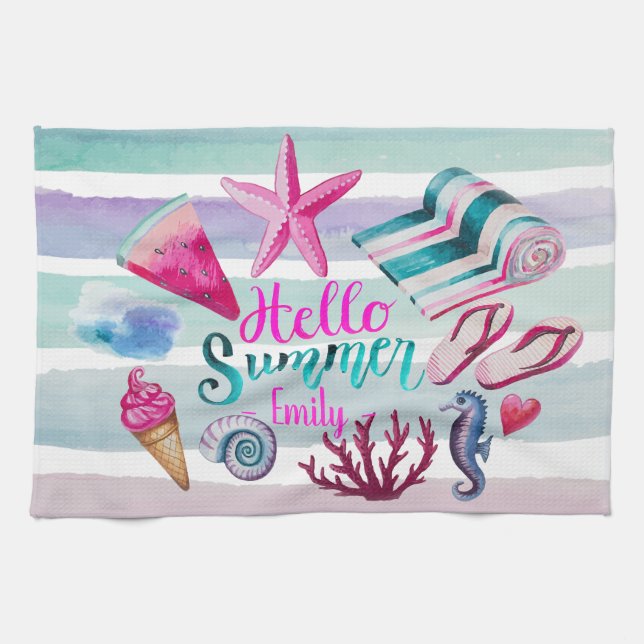 Watercolor Hello Summer Monogram Beach Stripes Tea Towel (Horizontal)