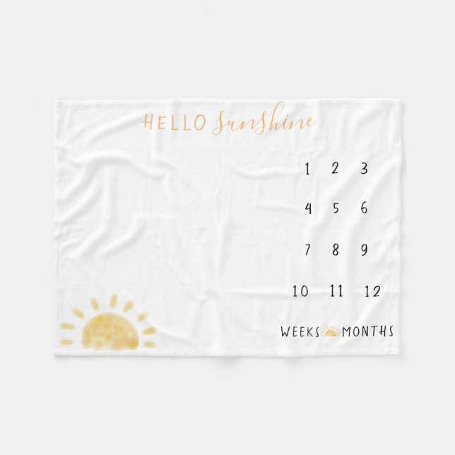 Watercolor “Hello Sunshine” Baby Milestone Fleece Blanket (Front (Horizontal))
