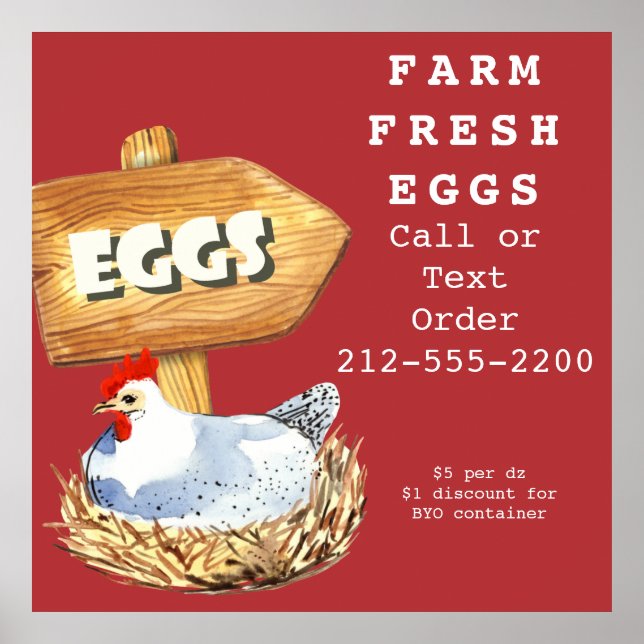 Watercolor Hen Farm Fresh Eggs Poster (Front)
