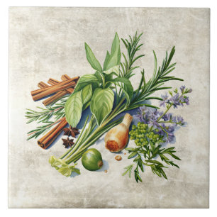 Watercolor Herbs Faux Texture Ceramic Tile