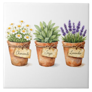 Watercolor Herbs Growing in the Pots  Ceramic Tile