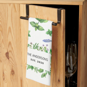 Watercolor Herbs Spices Custom Family Name Tea Towel