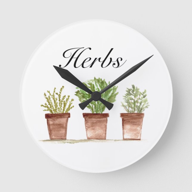 Watercolor Herbs Thyme Rosemary Parsley Plants Pot Round Clock (Front)