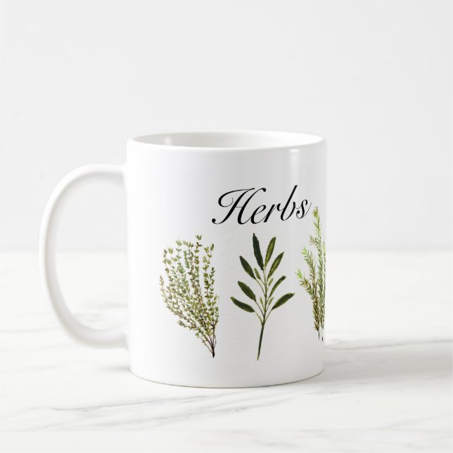 Watercolor Herbs Thyme Rosemary Sage Plants Pot Coffee Mug (Left)