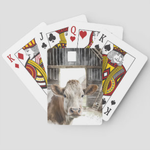 Watercolor Hereford Cow In Barn Playing Cards