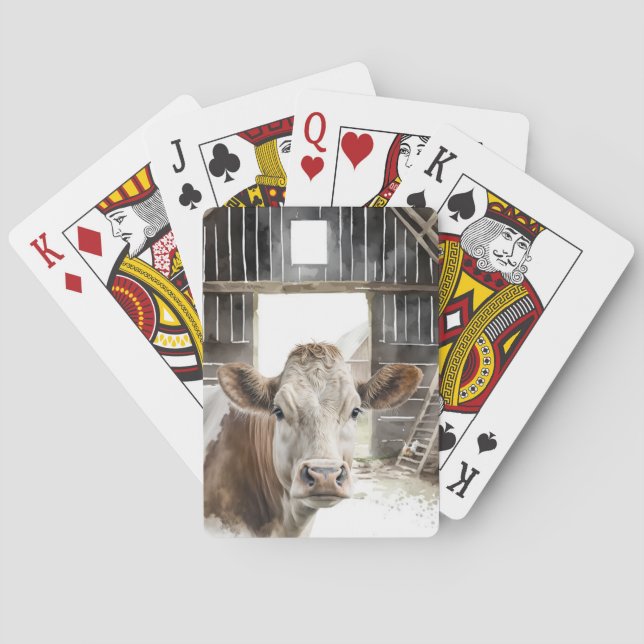 Watercolor Hereford Cow In Barn Playing Cards (Back)