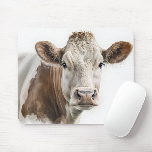 Watercolor Hereford Cow Portrait Mouse Pad (With Mouse)