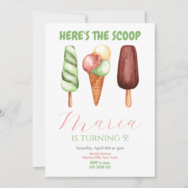 Watercolor Here's the scoop Birthday Invitation (Front)