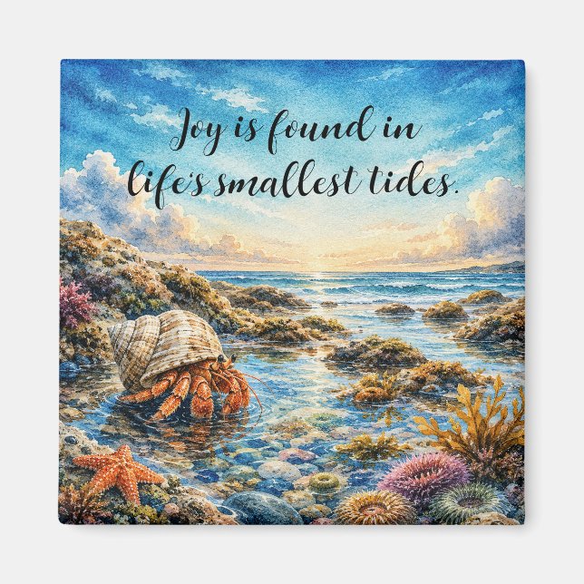 Watercolor Hermit Crab Exploring Tidepool w/ Quote Magnet (Front)