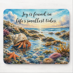 Watercolor Hermit Crab Exploring Tidepool w/ Quote Mouse Pad