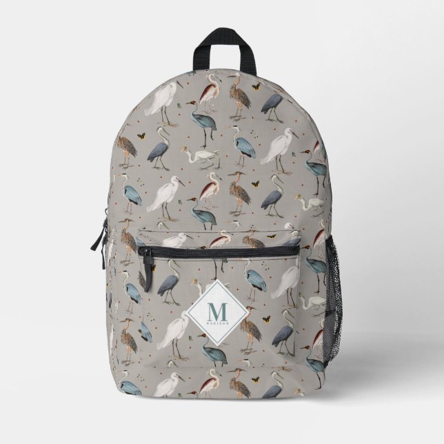 Watercolor Heron Bird Egret Nature Monogrammed Printed Backpack (Front)