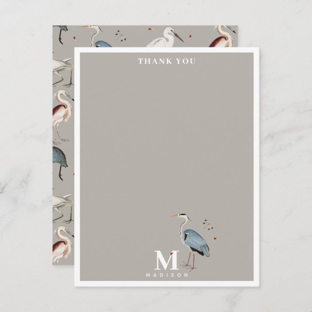 Watercolor Heron Bird Egret Nature Monogrammed Thank You Card (Front/Back)