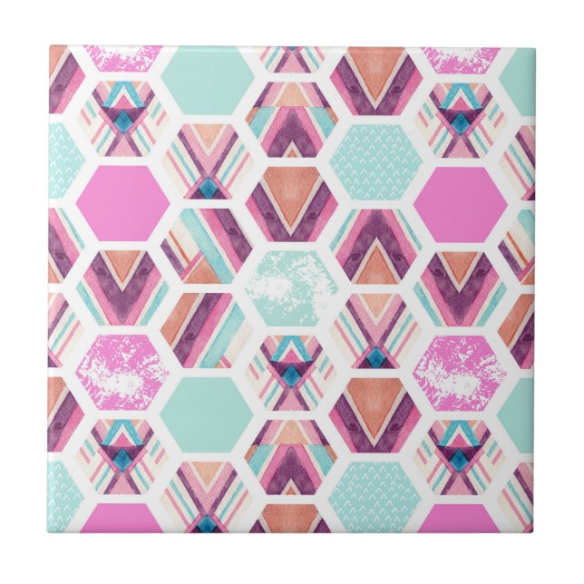 Watercolor Hexagon Pattern Ceramic Tile (Front)